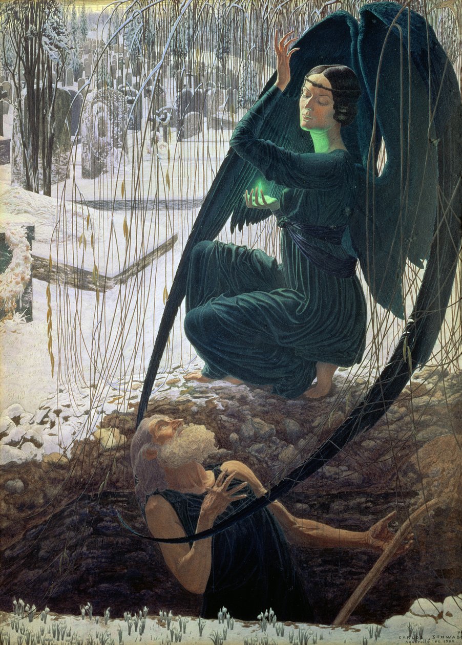 The Death and the Gravedigger, 1900 (guache, aquarela e lápis) de Carlos Schwabe