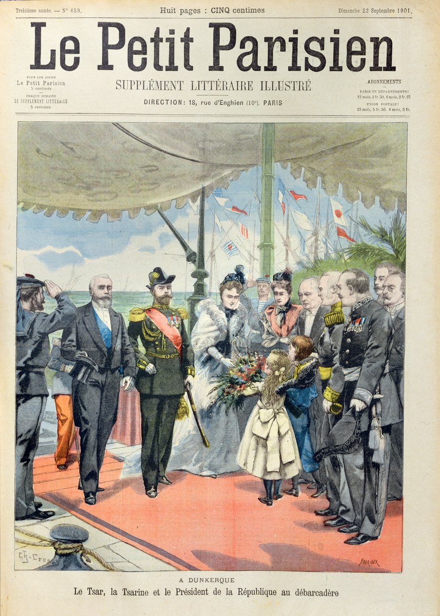 O czar Nicolau II e sua esposa, a czarina Alexandra, são recebidos em Dunquerque pelo presidente Loubet, capa de "Le Petit Parisien", 22 de setembro de 1901. de Carrey