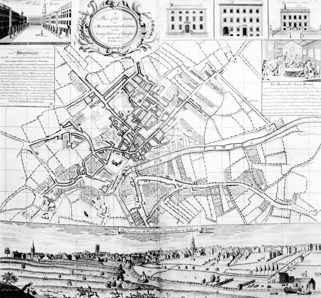Mapa de Manchester, 1751 de Casson and Berry