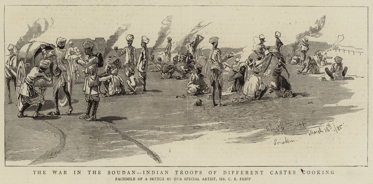 A guerra no Sudão, as tropas indianas de diferentes castas cozinhar de Charles Edwin Fripp