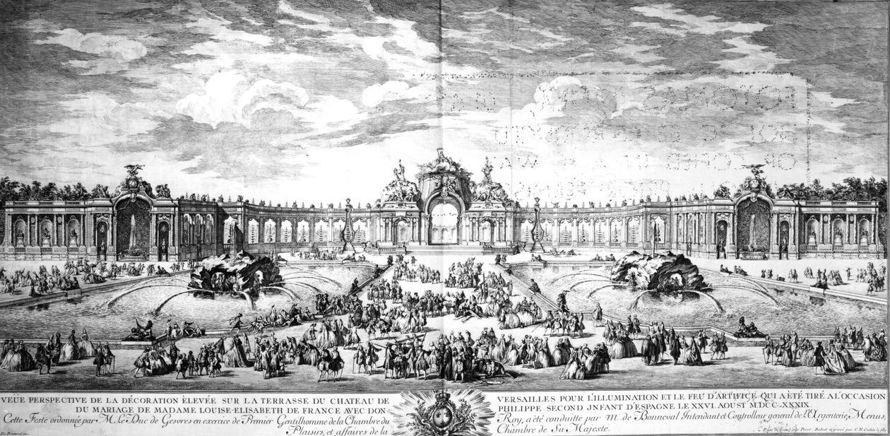 Vista em perspectiva do terraço em Versalhes, por ocasião do casamento de Louise Elisabeth da França com Filipe da Espanha em 1739, gravado por Charles Nicolas Cochin fils, 1741 de Charles Nicolas II Cochin