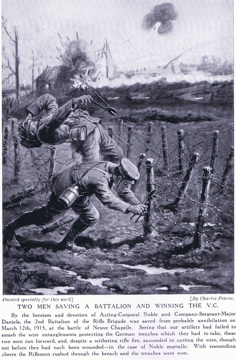 Dois homens salvando um batalhão e vencendo o VC na batalha de Neuve Chapelle em março de 1915 de Charles Pears