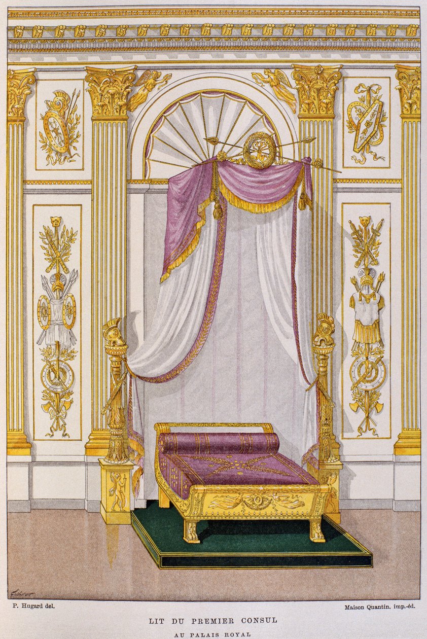 Cama de Napoleão I Bonaparte (1769-1821) Primeiro Cônsul no Palácio Real, ilustração do "Dicionário de Mobiliário e Decoração" de Henry Havard, volume 3, placa 28, Paris, Casa Q de Charles Percier