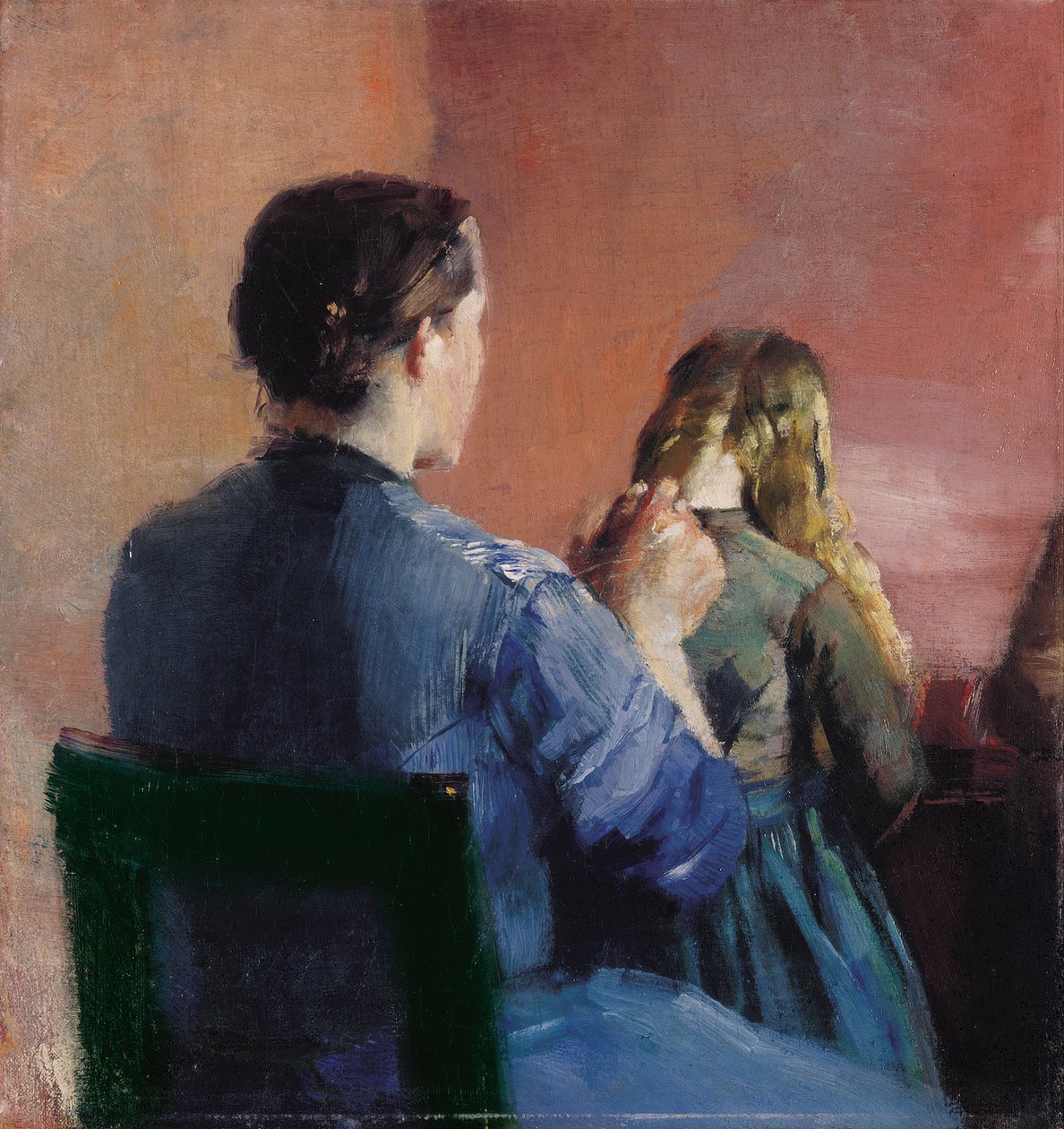 Mãe, plainting, dela, filhas pequenas, cabelo de Christian Krohg