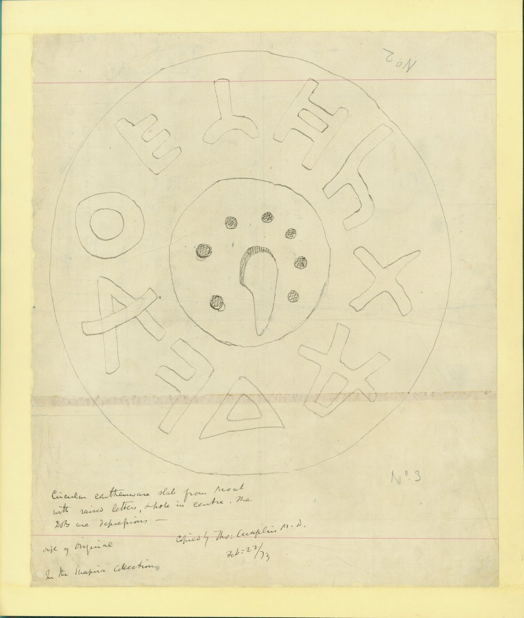 Laje de barro circular de Moab da 2ª coleção de Shapira, 1873 (wc e lápis sobre papel) de Claude Conder