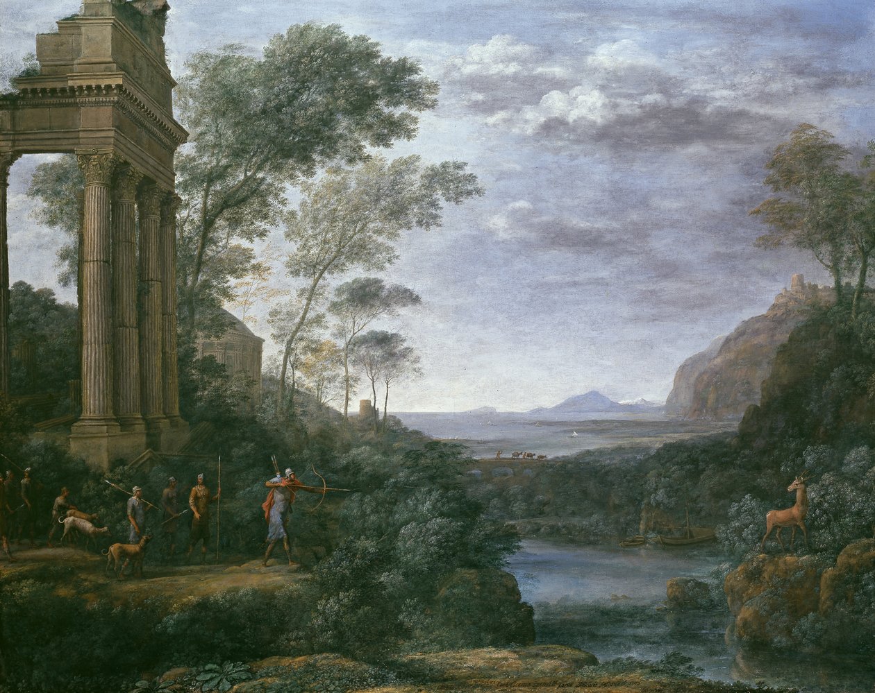 Paisagem, com, ascanius tiro, a, veado, de, sylvia, 17o século de Claude Lorrain