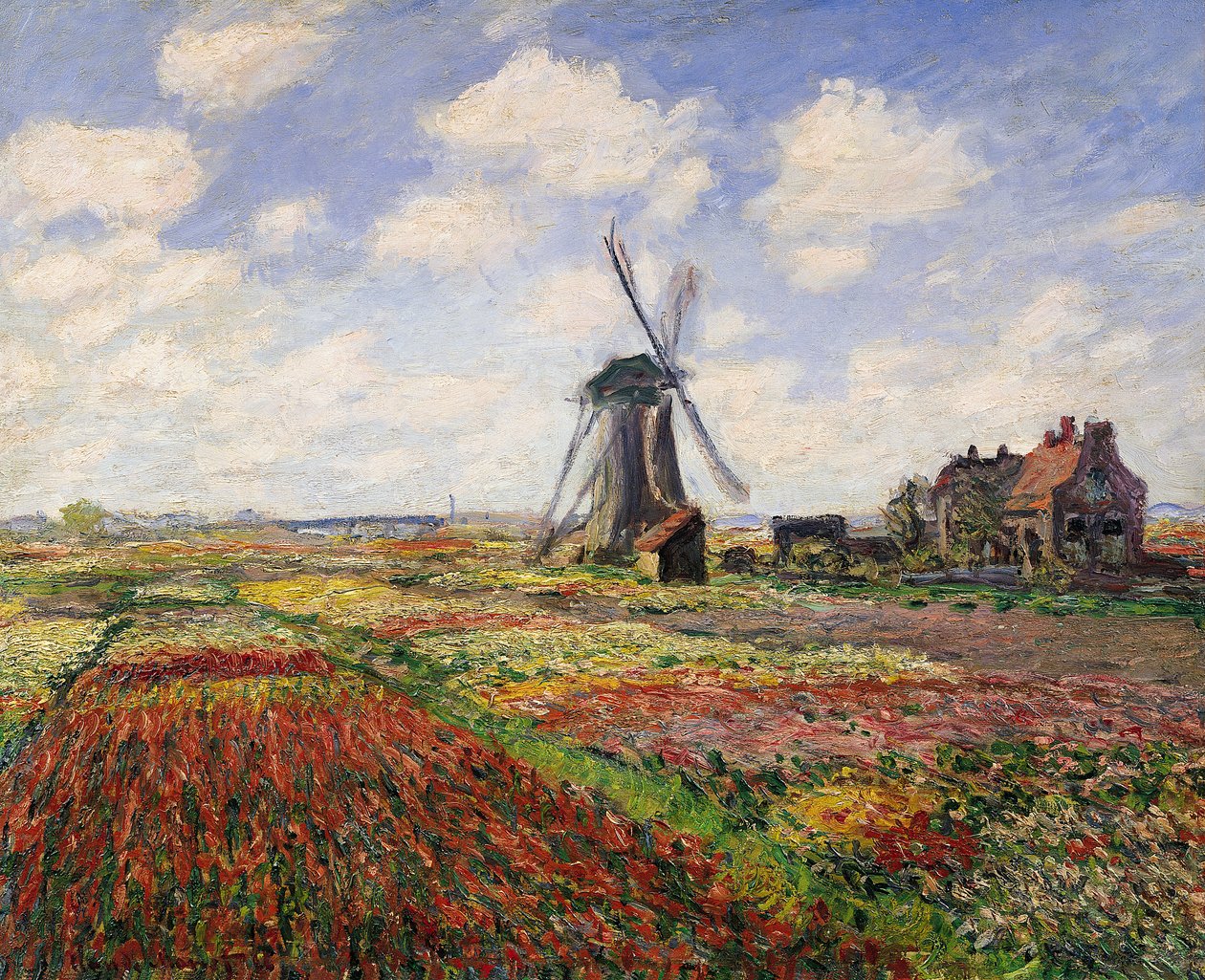 Campos de tulipas com o moinho de Rijnsburg, 1886 de Claude Monet