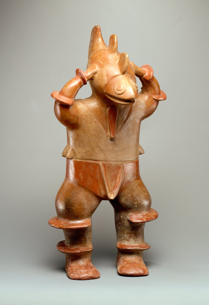 Figura masculina com tubarão (louça de barro) de Colima Culture