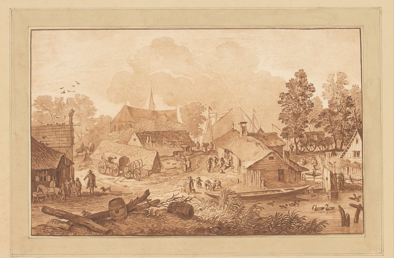 Cena de aldeia com lago de Cornelis Brouwer