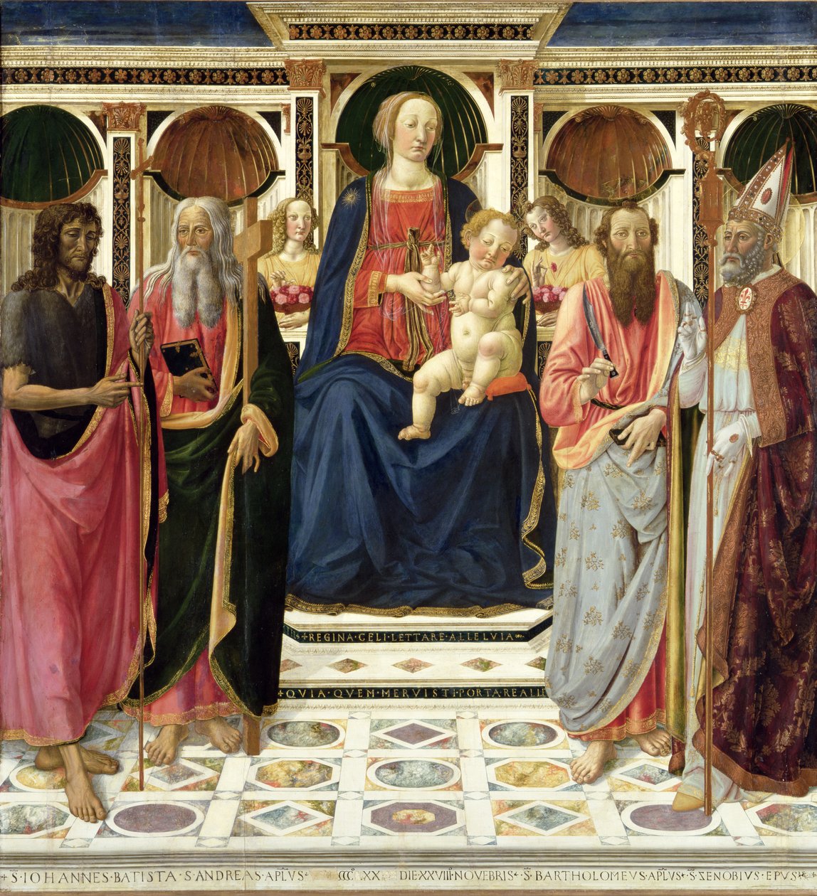 Virgem e criança com SS. João Batista, André, Bartolomeu e Zenóbio, c.1478 (têmpera com ouro no painel) de Cosimo Rosselli