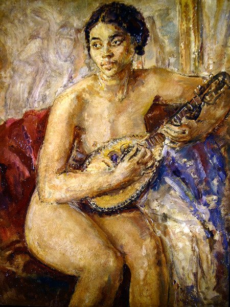 Modelo e bandolim (óleo sobre tela) de Dame Ethel Walker