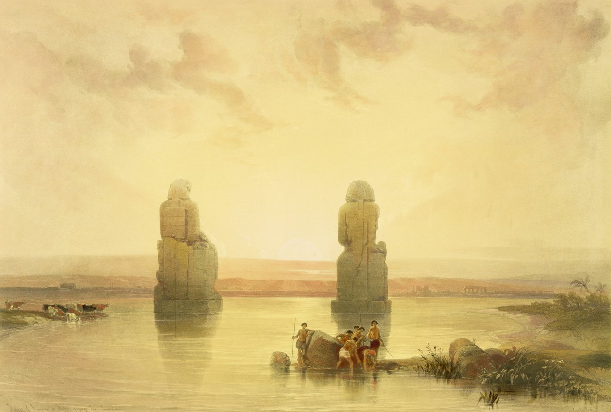 Os Colossos de Memnon, em Tebas, durante a Inundação, do Egito e da Núbia, Vol.1 de David Roberts