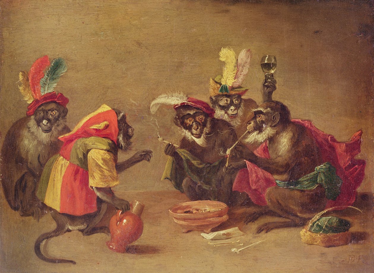 Macacos fumando e bebendo de David Teniers the Younger