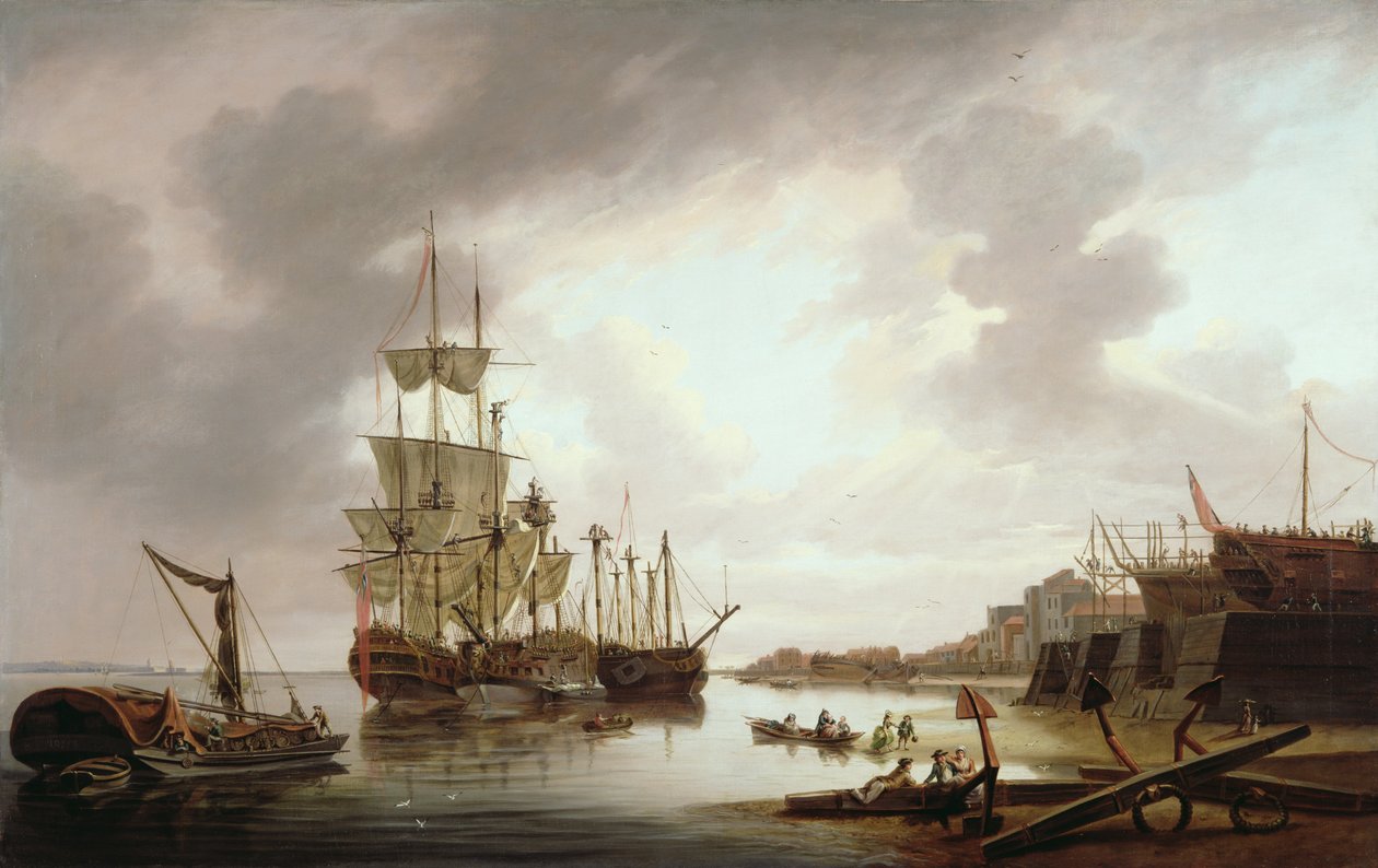 Homens britânicos de guerra na âncora em Blackwall Reach, 1792 de Dominic Serres