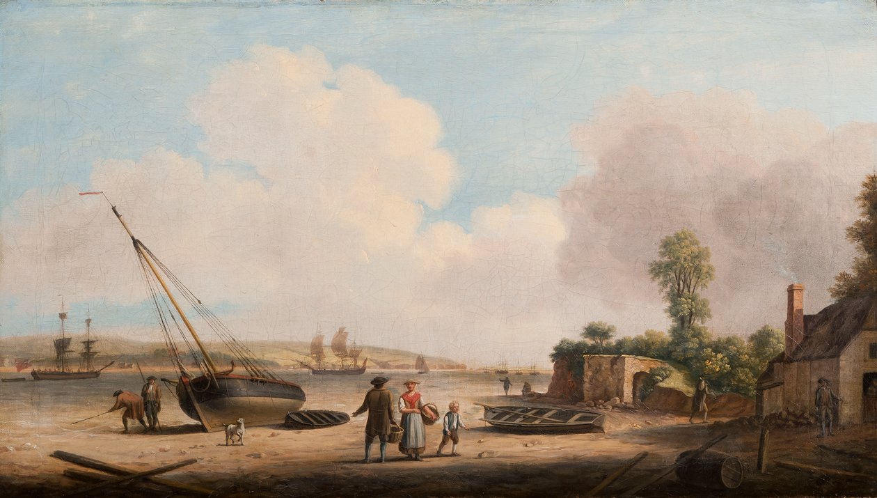 Vista de Gravesend com um barco de pesca encalhado e envio no estuário, 1770 de Dominic Serres