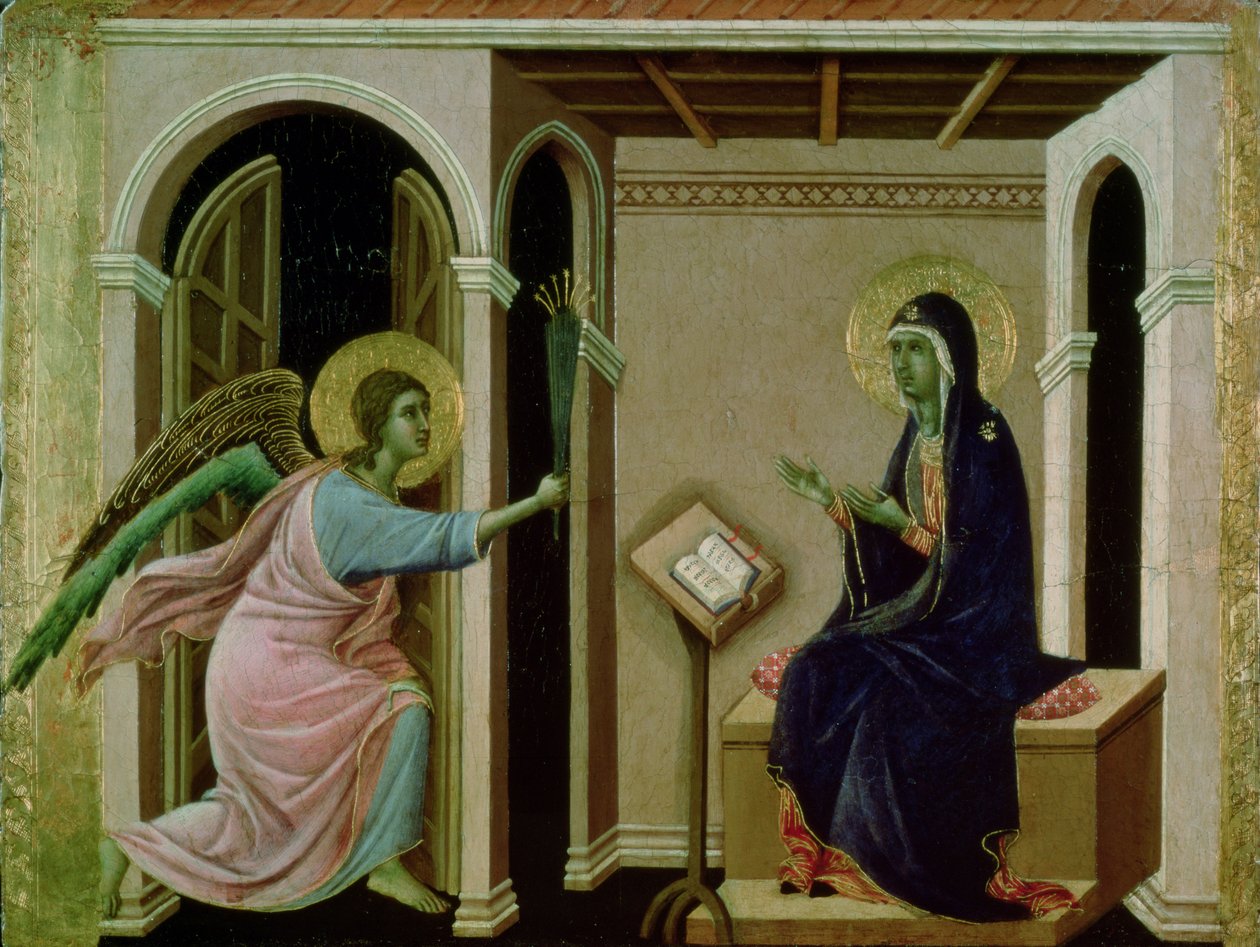 Anjo Anunciando a Morte de Nosso Senhor a Maria (tempera no painel) de Duccio di Buoninsegna