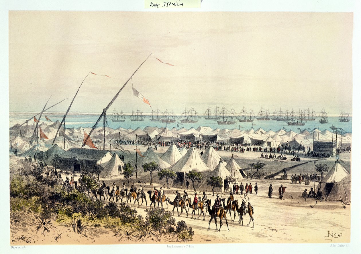 A Procissão de Inauguração do Canal de Suez no porto de Ismailiya, de "Voyage Pittoresque a travers l&39;Isthme de Suez", de Marius Fontane, gravada por Jules Didier (1831-c.80) 1869-70 (cor de Edouard Riou