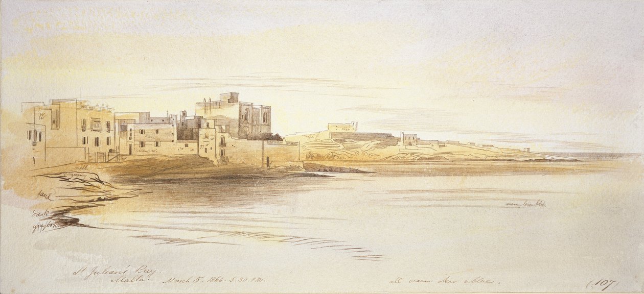 Baía de St. Julian, Malta, 1866 (caneta e tinta marrom com grafite e aquarelas em papel branco) de Edward Lear