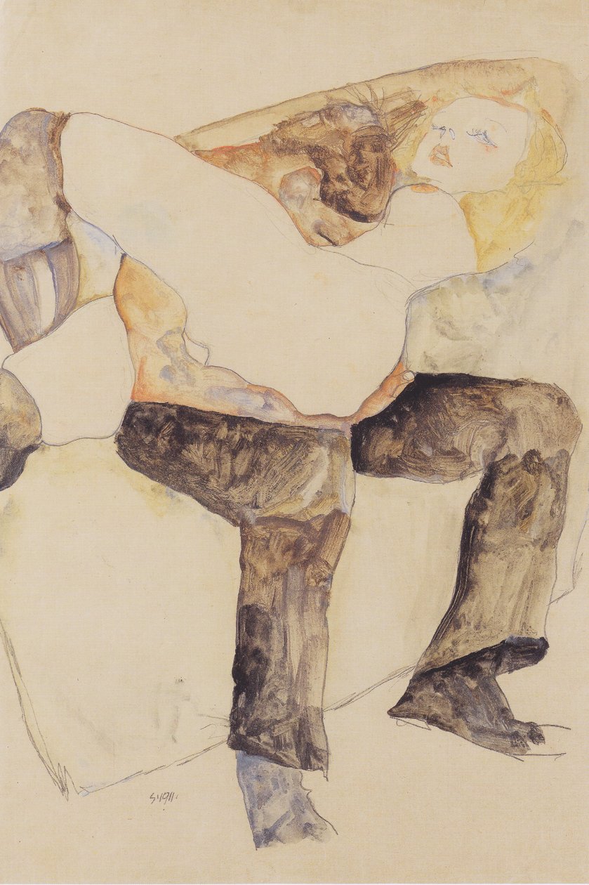 Homem, segurando mulher de joelhos de Egon Schiele