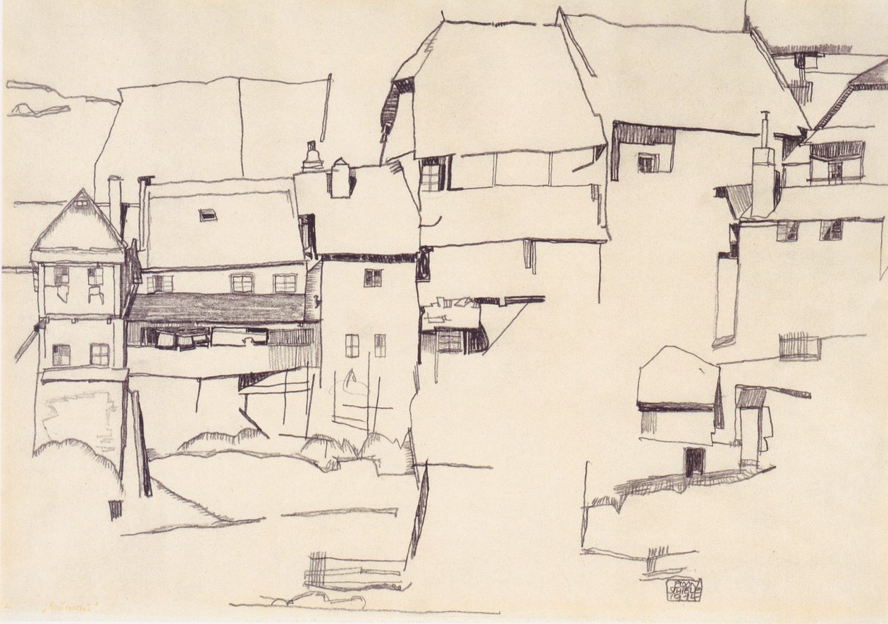 Casas antigas em Krumlov de Egon Schiele