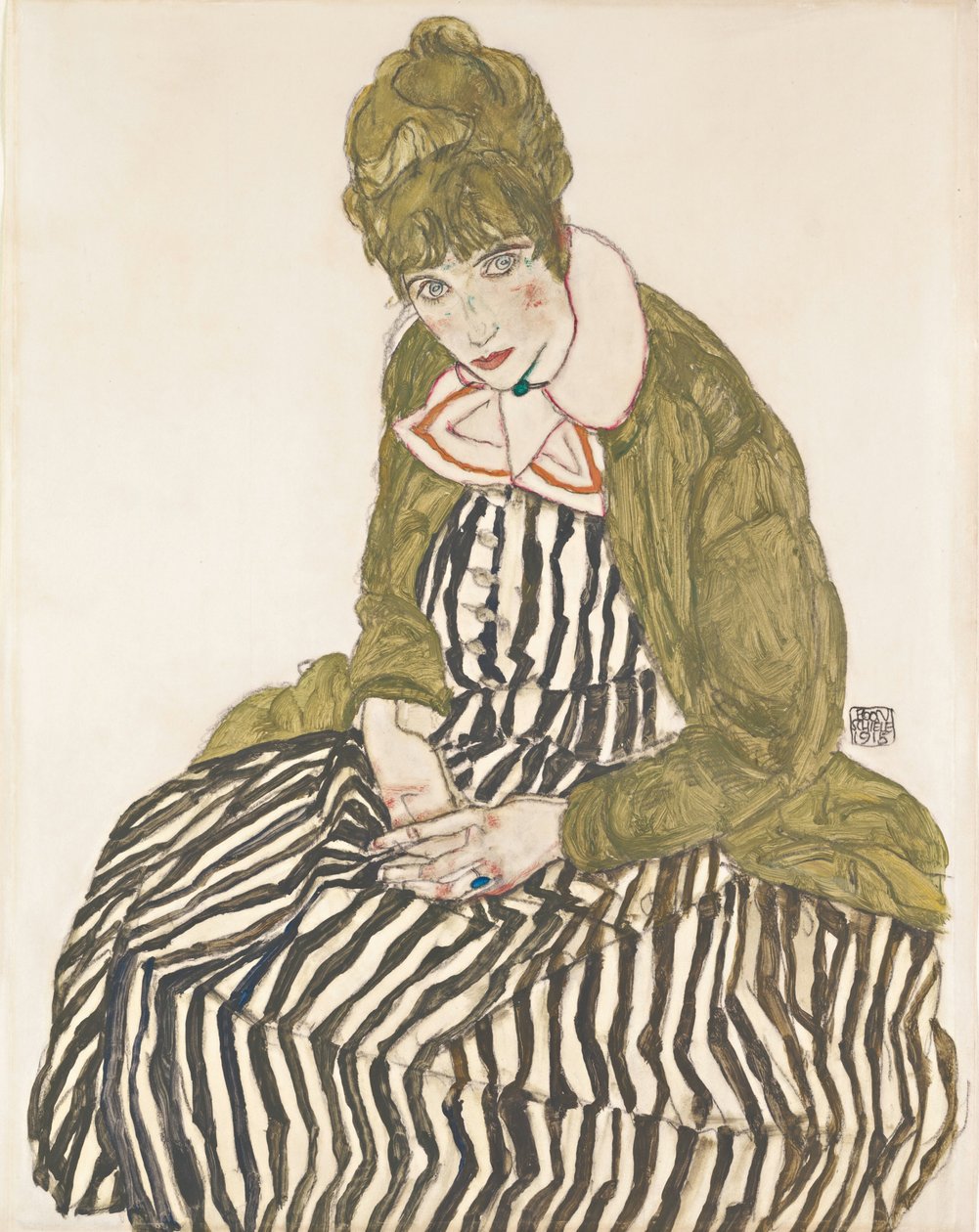 Edith com vestido listrado, sentado de Egon Schiele
