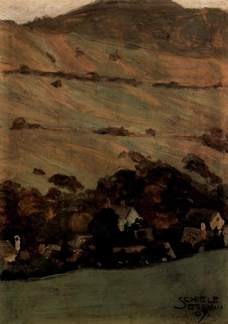 Casas na frente da encosta da montanha de Egon Schiele