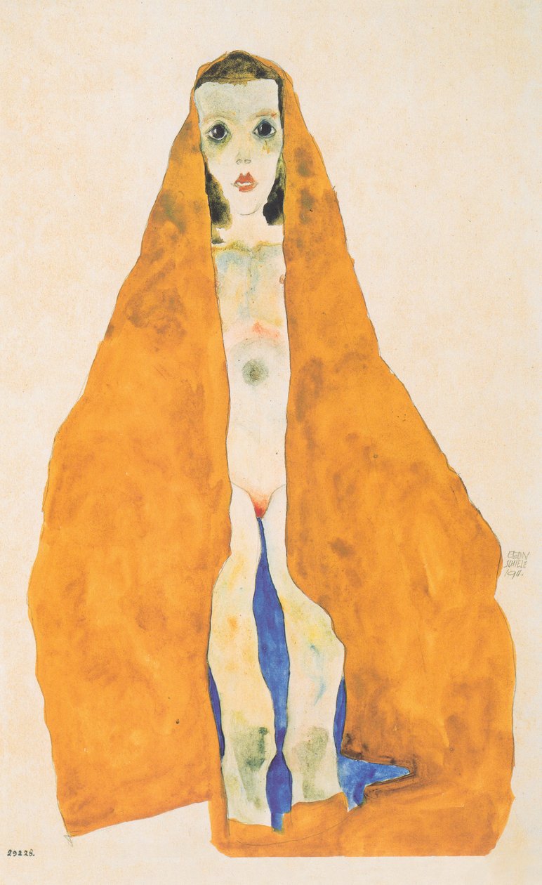 Jovem, pelada, ocre, pano de Egon Schiele