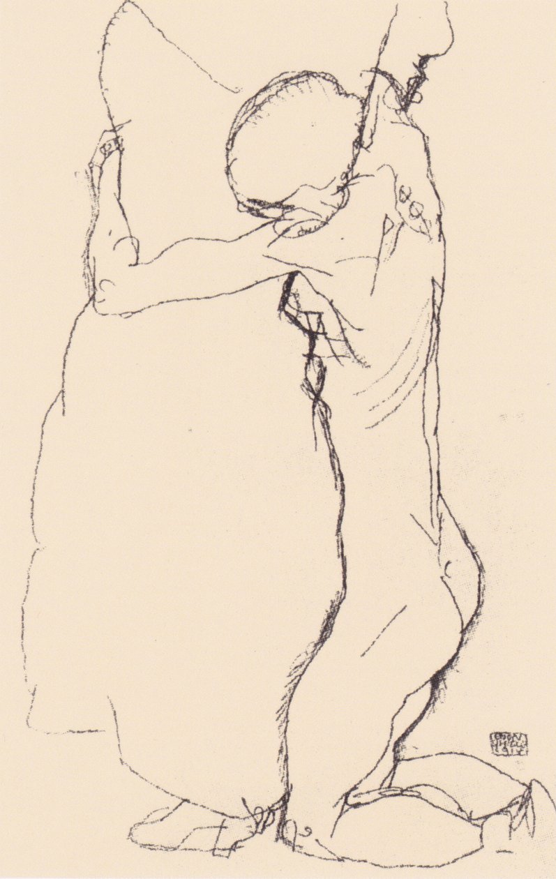 Ajoelhando-se, abraçando um de pé de Egon Schiele