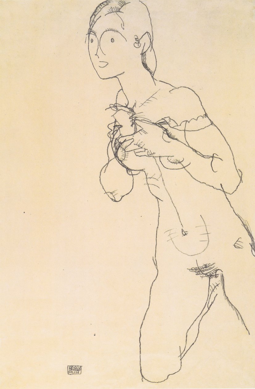 Ato de ajoelhar menina de Egon Schiele