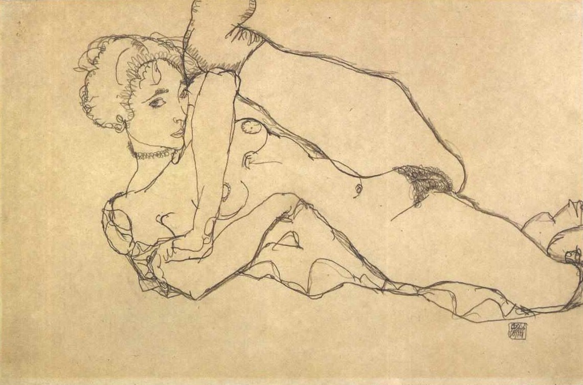 Deitada nua com a perna esquerda apertada de Egon Schiele