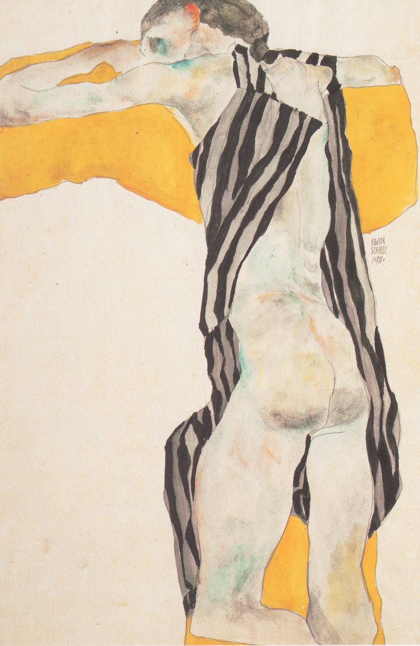 Menina nua deitada na blusa listrada de Egon Schiele