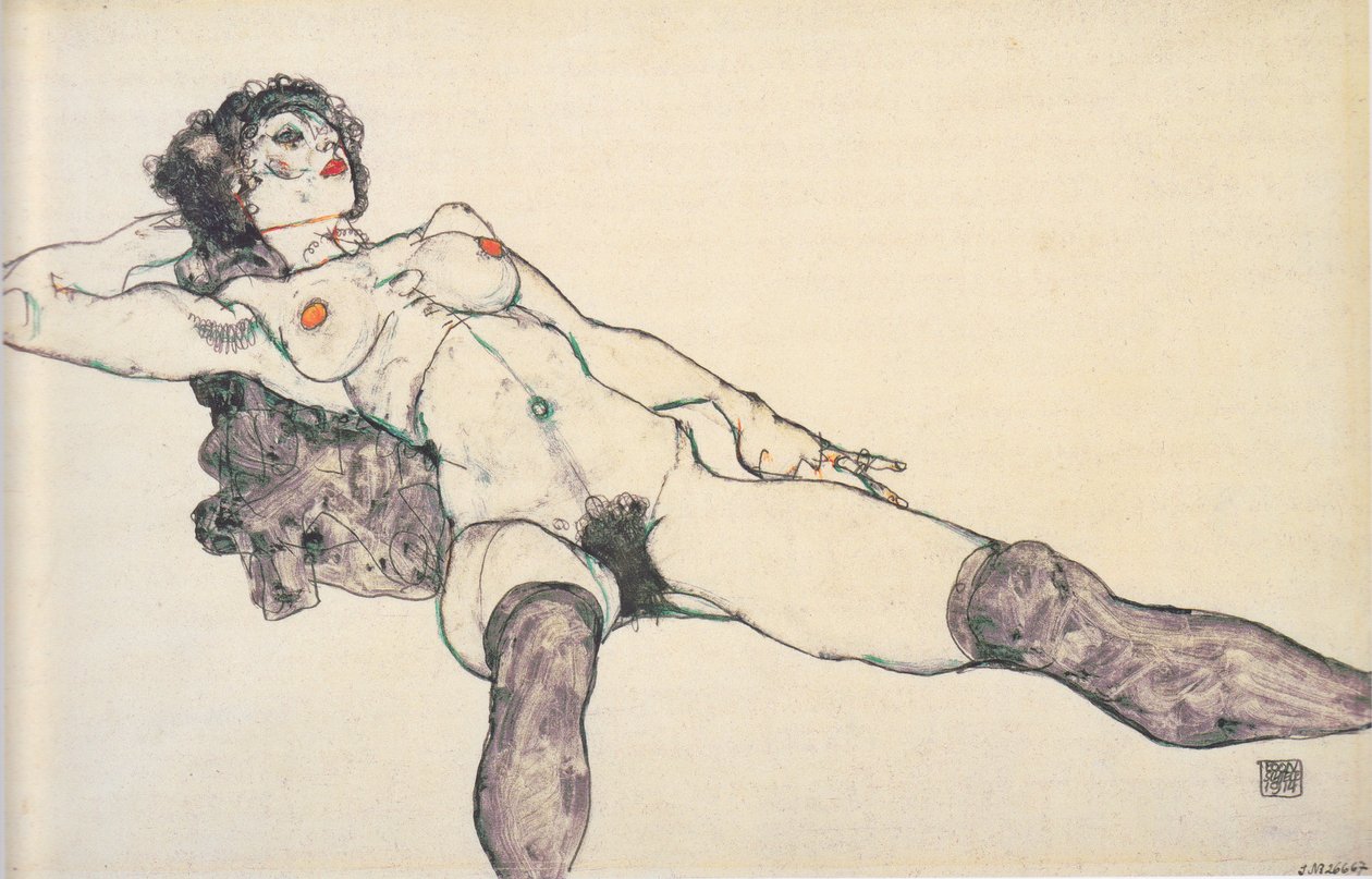 Ato feminino deitado com as pernas abertas de Egon Schiele