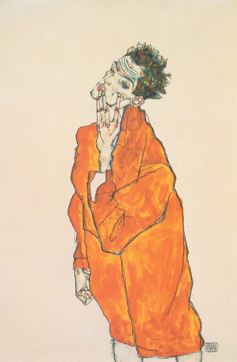 Selfportrait em jaqueta laranja de Egon Schiele