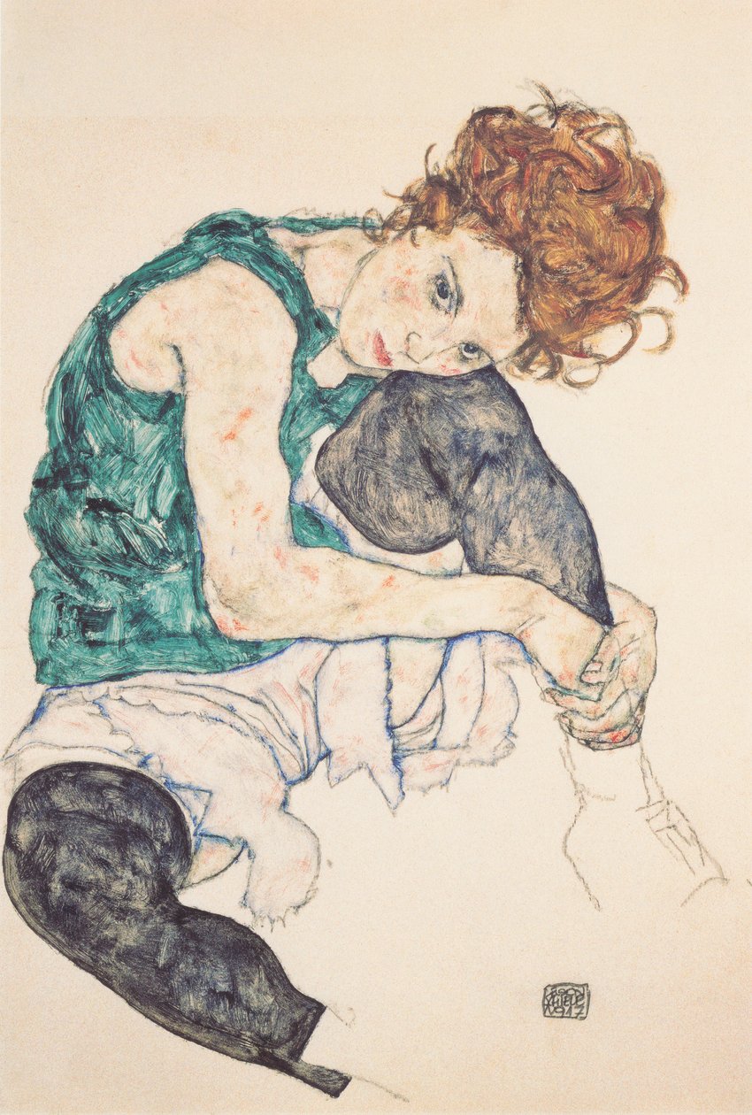 Mulher sentada com o joelho levantado de Egon Schiele