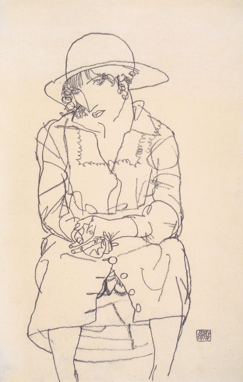Menina sentada com chapéu de Egon Schiele