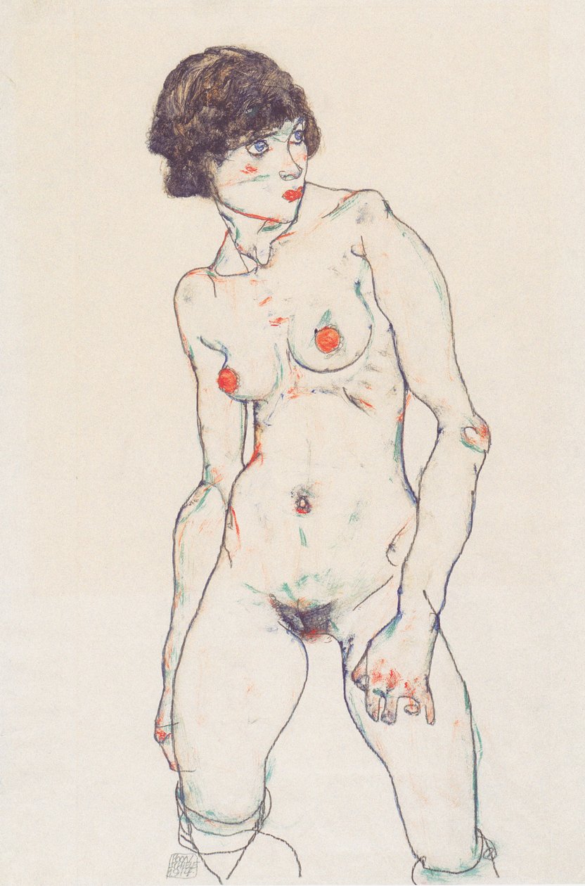 Nu feminino em pé com meias de Egon Schiele