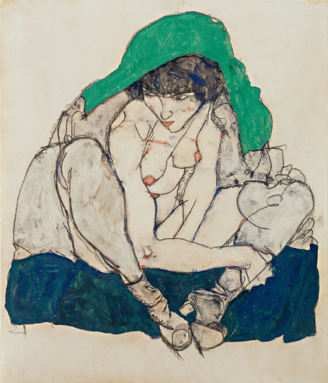 Mulher agachada com lenço verde, 1914 de Egon Schiele