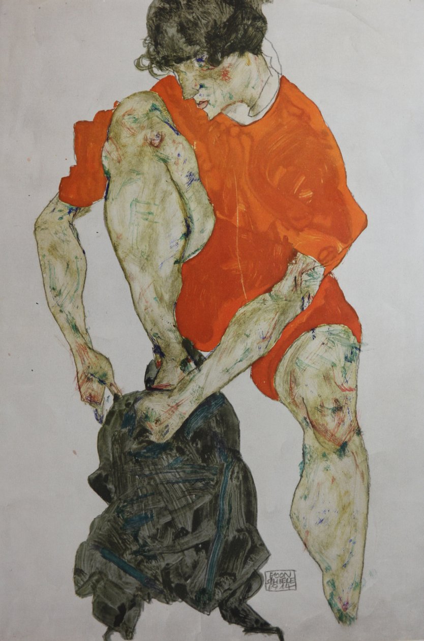 Modelo feminino em uma túnica vermelha, 1914. de Egon Schiele