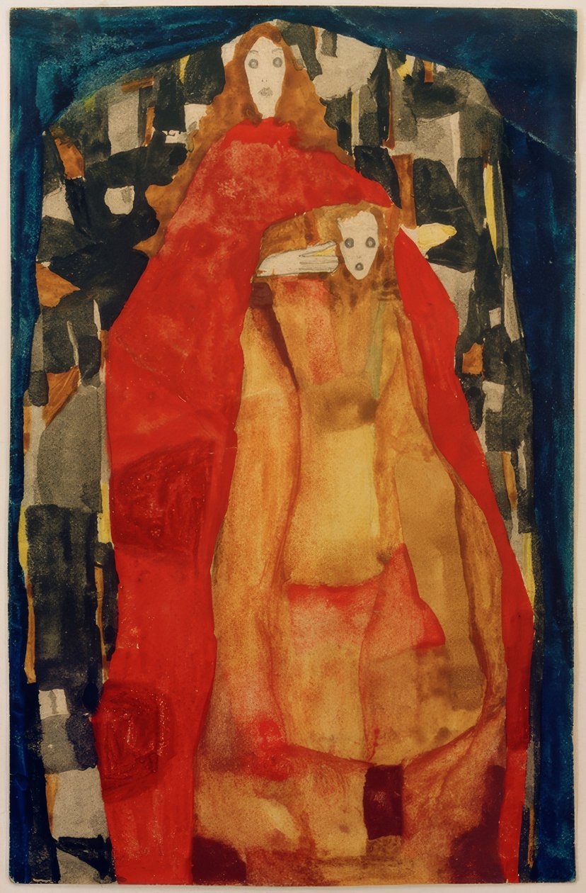 Mãe com criança de casaco vermelho de Egon Schiele