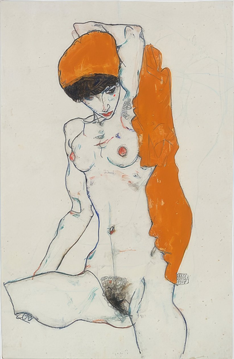 Ato em pé com pano laranja. 1914 de Egon Schiele