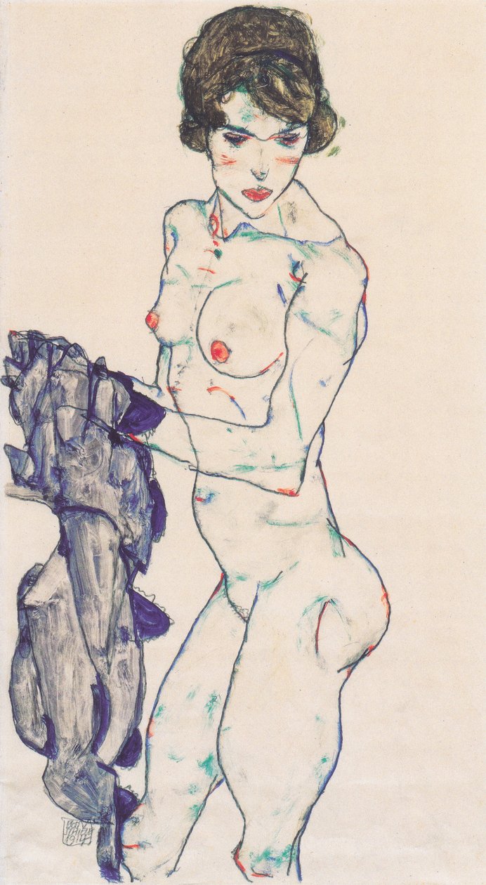 Nu feminino em pé com pano azul de Egon Schiele