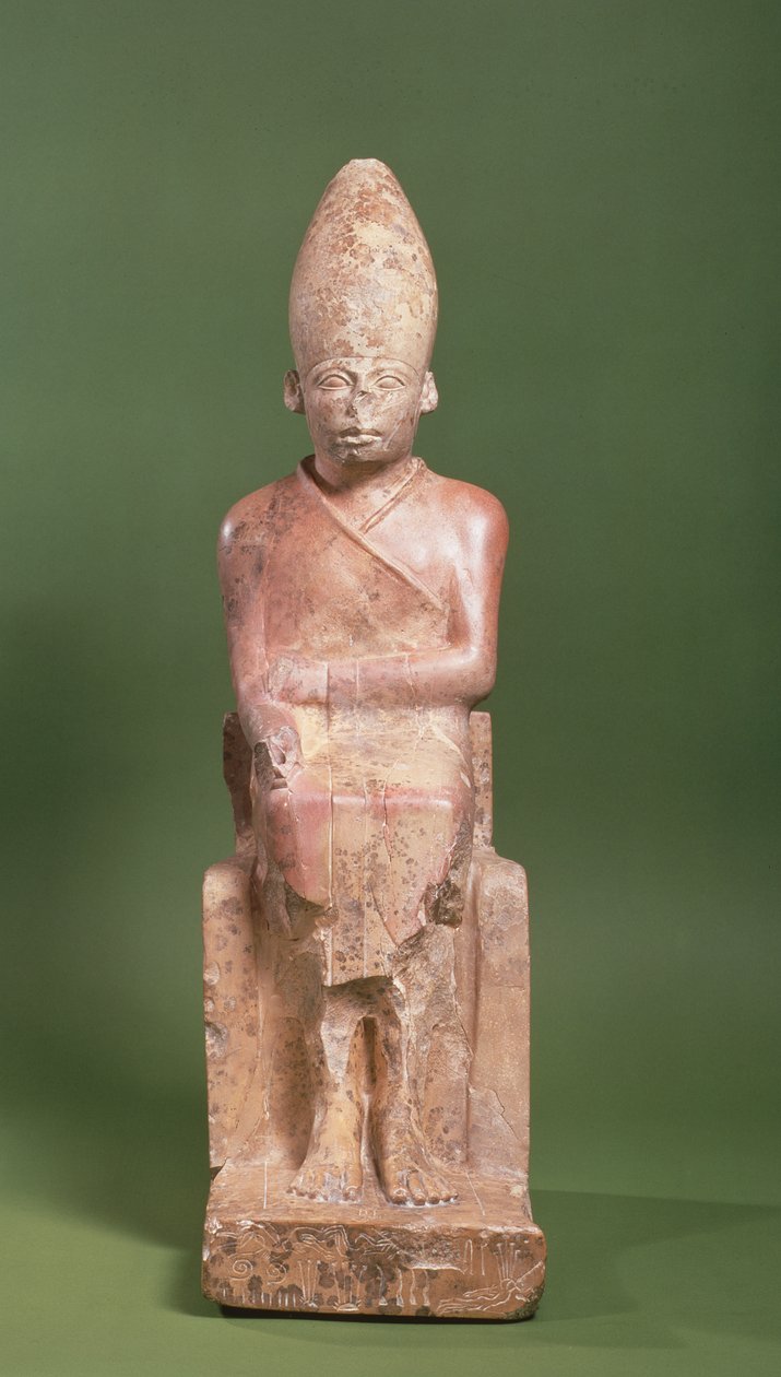 Estátua assentada do faraó Khasekhem com inimigos conquistados em volta da base, encontrada em Hierakonpolis, c.2700 aC (calcário) de Egyptian 2nd Dynasty