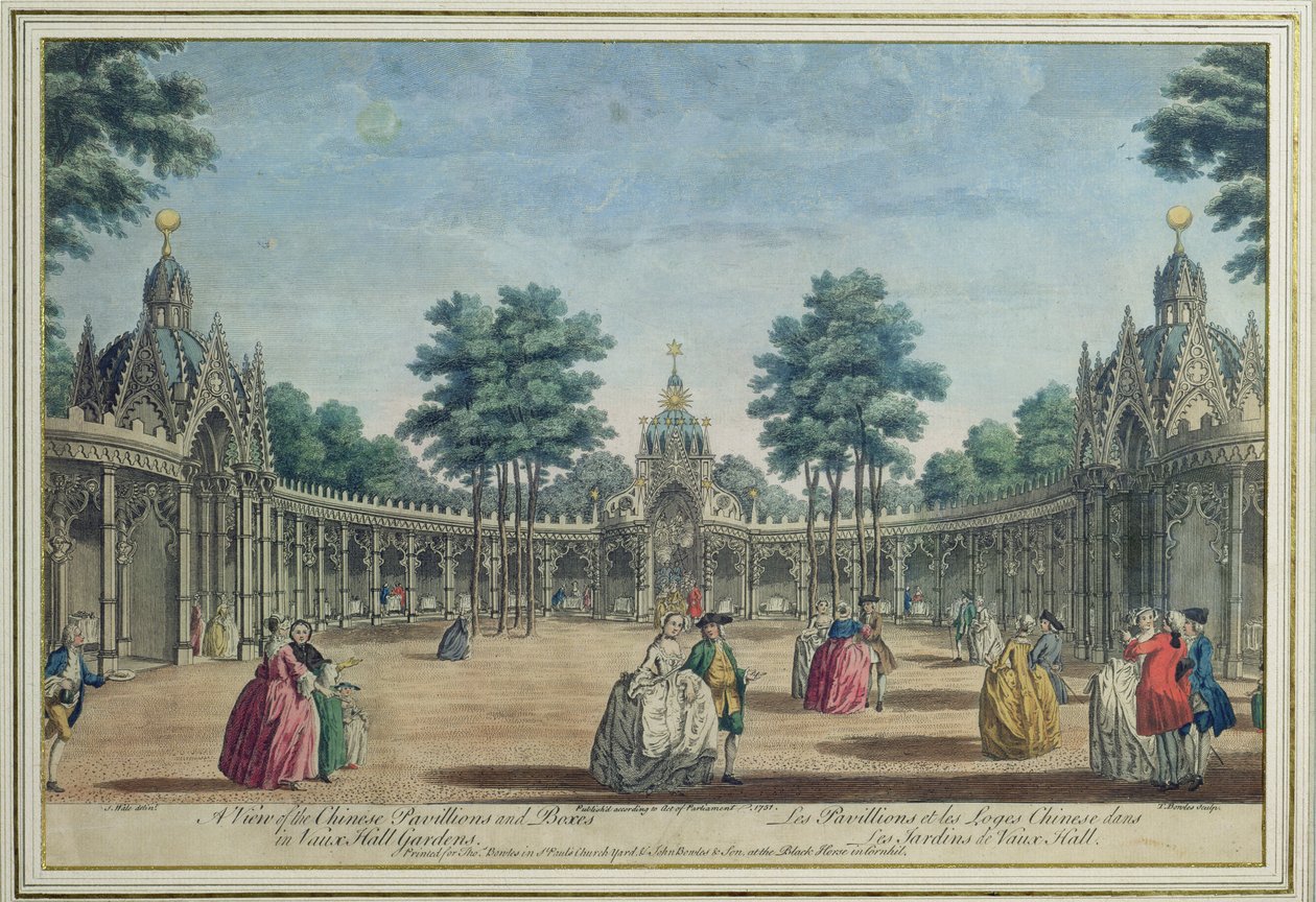 Vista dos Pavilhões e Caixas Chinesas em Vauxhall Gardens, 1751 (gravura colorida) de English School