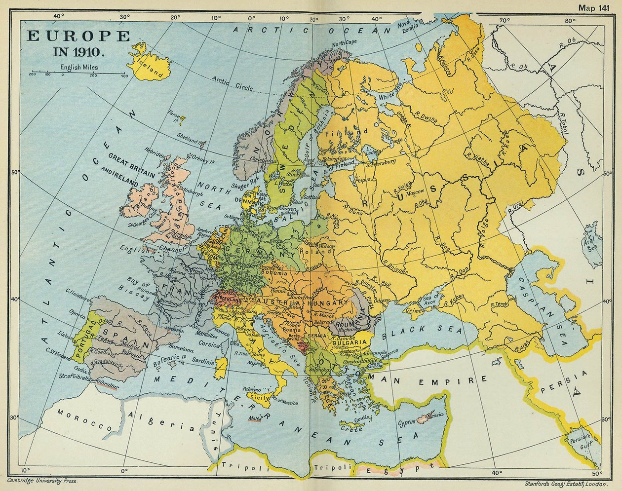 Mapa da Europa em 1910 (lito a cores) de English School
