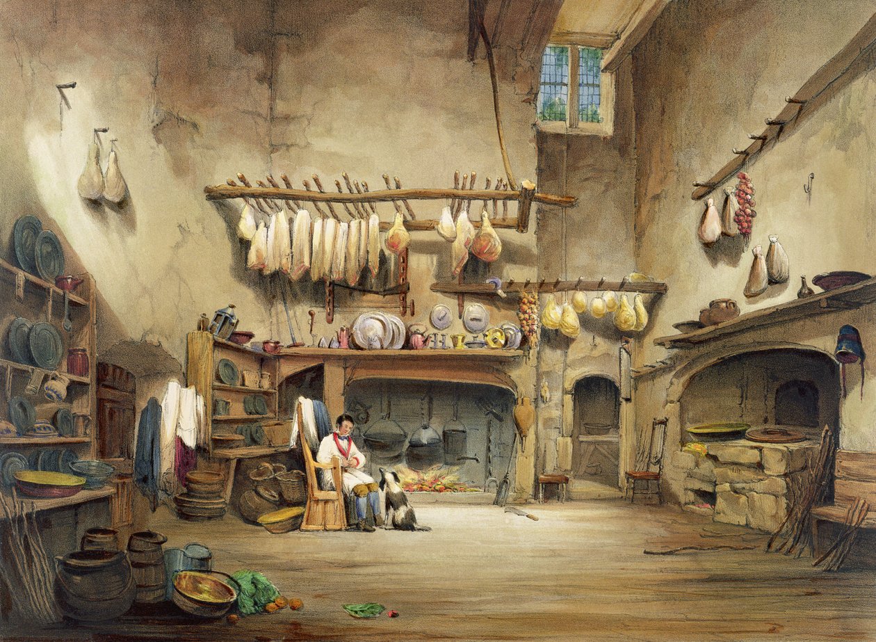 A cozinha, casa de Cotehele, c.1830-40 de English School