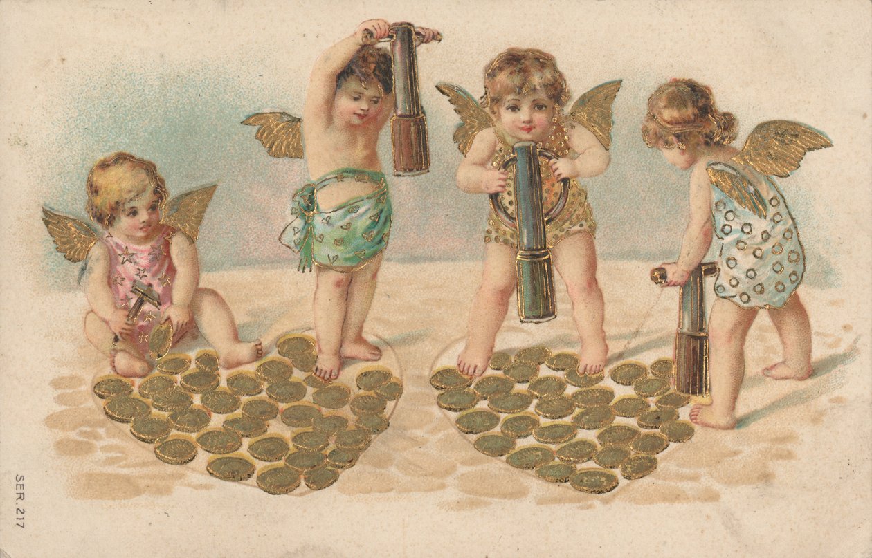 Cartão de dia dos namorados, putti stamping corações de English School