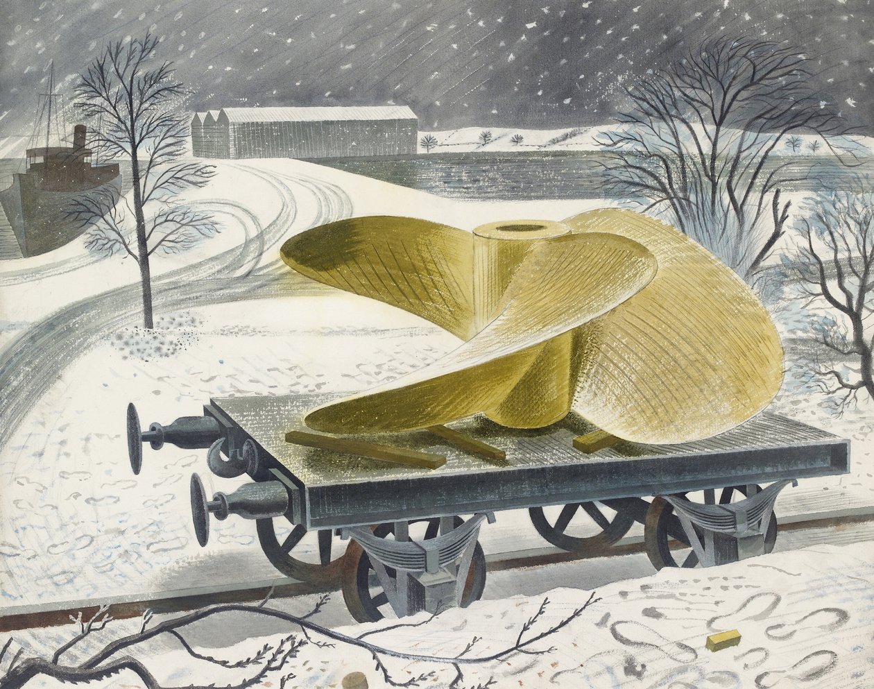 Parafuso do navio em um caminhão ferroviário (aquarela sobre grafite, no papel) de Eric Ravilious