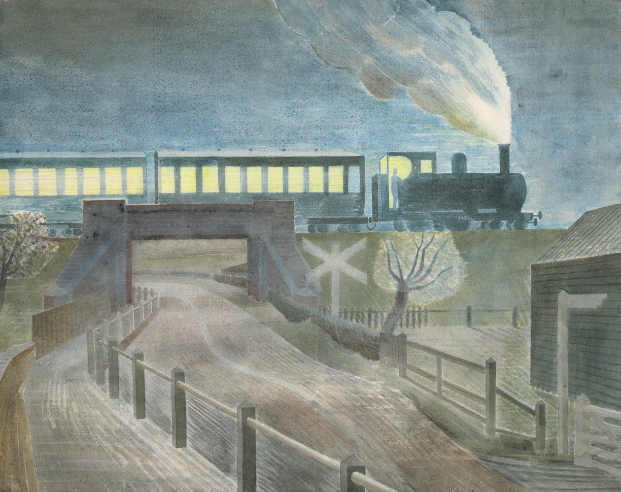 Trem, passar, um, ponte, à noite de Eric Ravilious