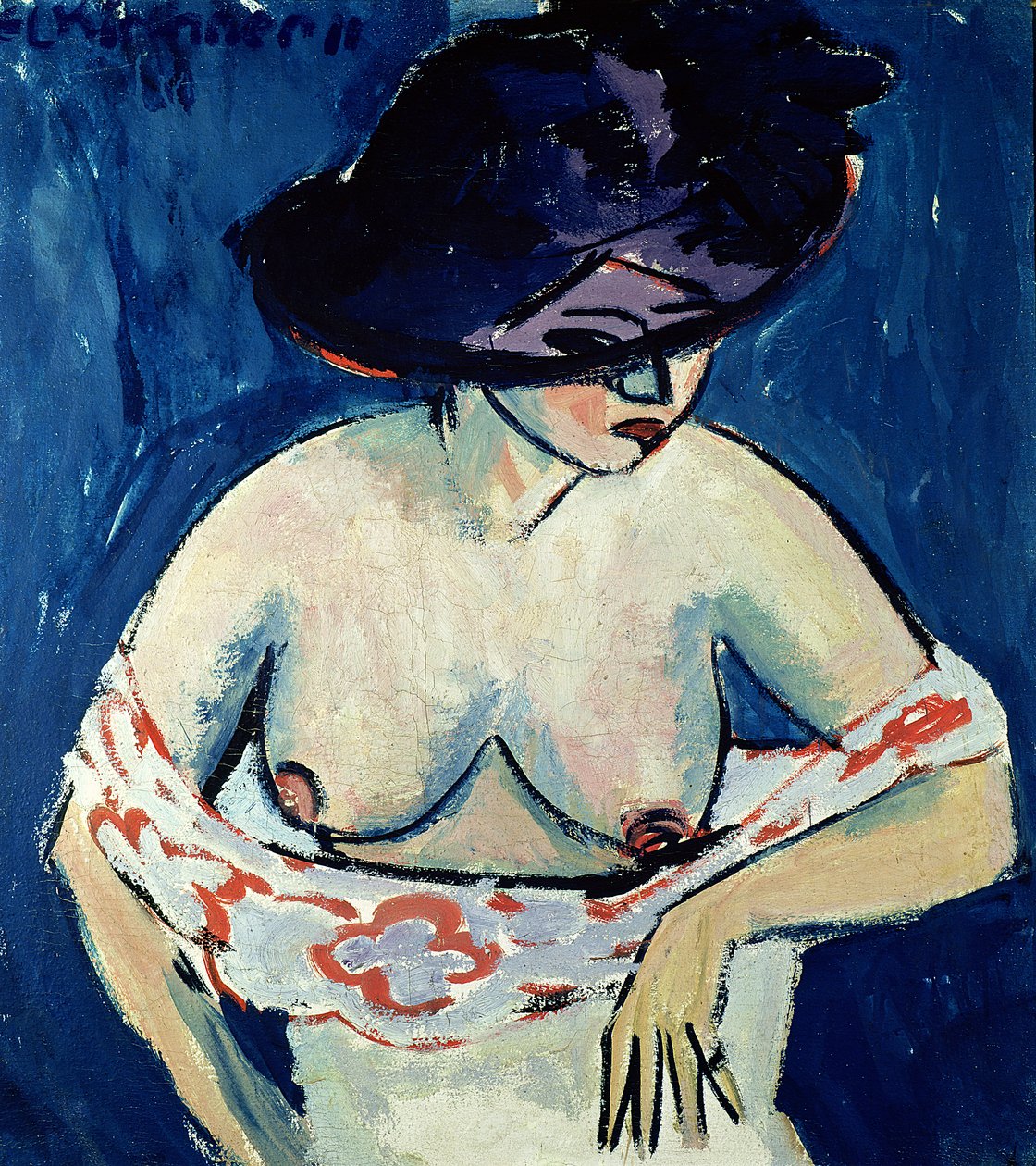 Mulher semi-nua com um chapéu, 1911 de Ernst Ludwig Kirchner