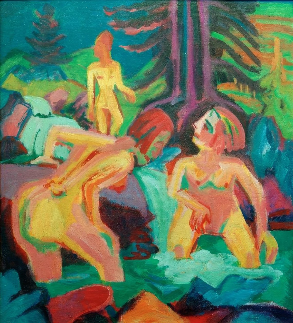 No córrego da montanha banhando mulheres nuas de Ernst Ludwig Kirchner